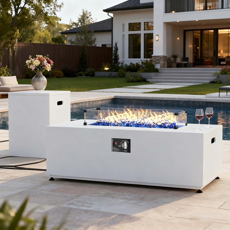  42" Rectangle Aluminum Propane Gas Smokeless Fire Pit Table with Hidden Fuel Tank, Light Grey