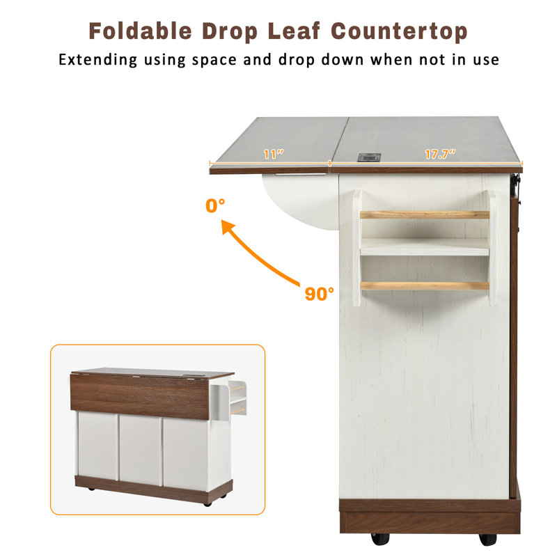 55.5" Farmhouse Kitchen Island with Drop Leaf, Kitchen Storage Island with Barn Door, Power Outlet, Rolling Kitchen Cart on Wheels with Spice Rack, for Home, Kitchen, Dining Room, White