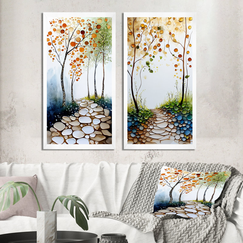 Chemin forestier verdoyant - Décoration murale forêt pour salon (lot de 2), 32" H x 32" W, White Picture Framed