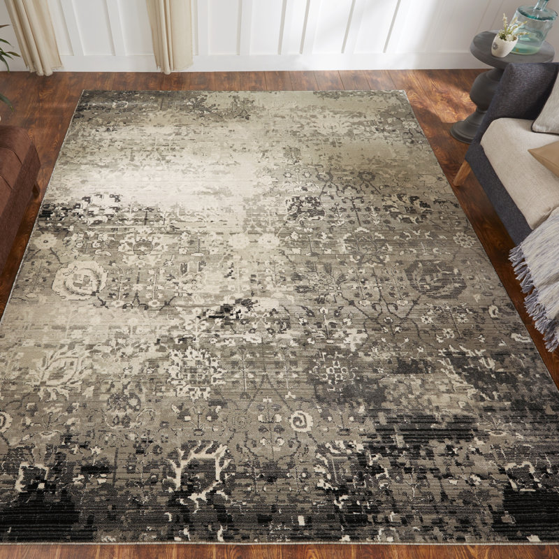 Tebikerei Abstract Area Rug in Ivory/Black, Rectangle 7'9" x 9'9"