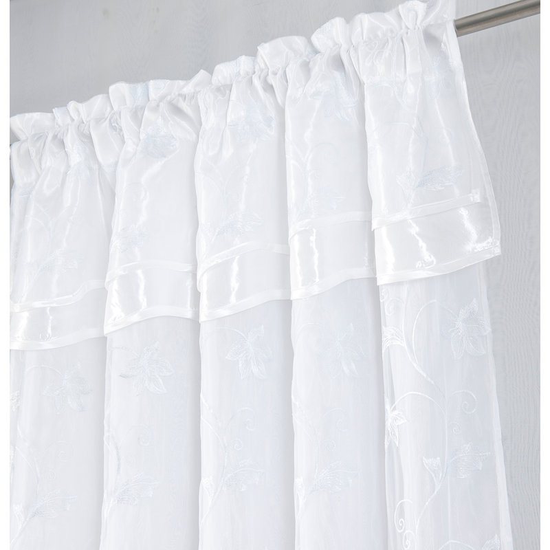 Dahal Embroidered Window Curtain Panel with Attached Valance, White