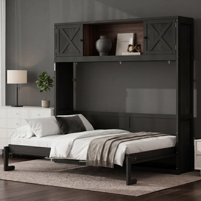 Lit escamotable double avec armoires de rangement, noir