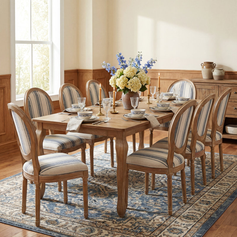 Jair 8-Person Expandable Dining Table Set With Upholstered Chairs & Rubberwood Legs