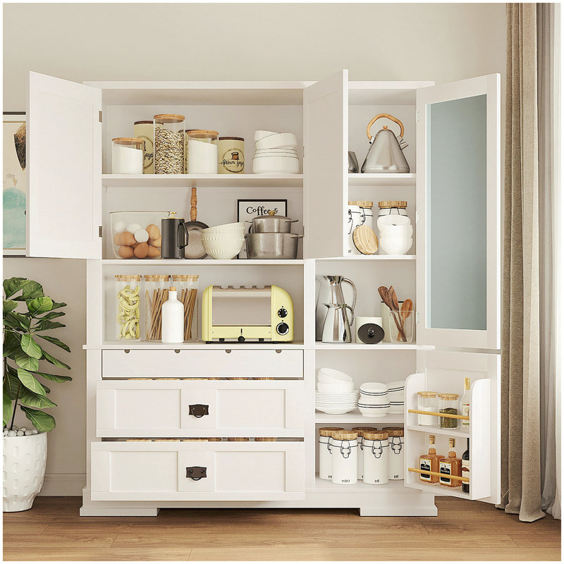 Buffet autoportant traditionnel avec huche, grande armoire de rangement avec tiroirs, portes et tablettes réglables, blanc