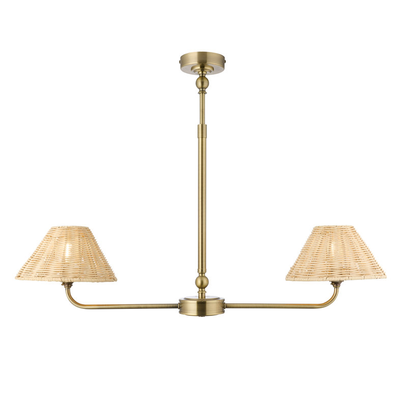 2 - Light Linear Chandelier, Antique Brass & Natural Rattan