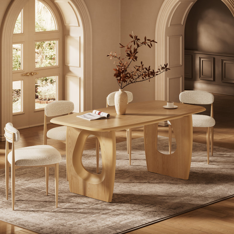 5 Piece Dining Table Set, Kitchen Table &Chairs Set with Rectangel Table and 4 Bouclé Chairs, Dinner Table with Sculptural Cutouts Base for Dining Room