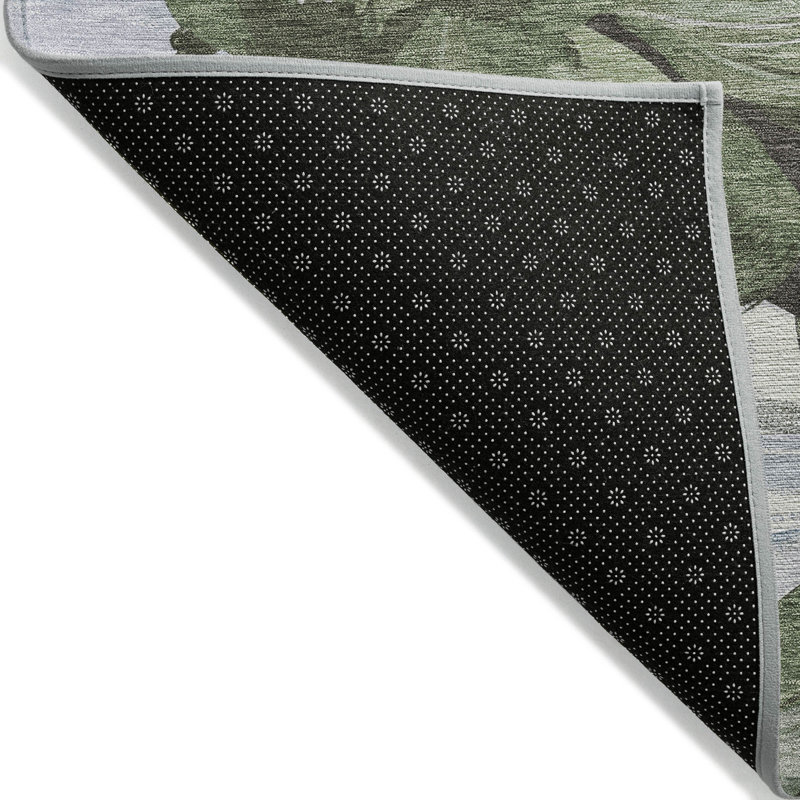 Olive and Blue Floral Synthetic Washable Area Rug