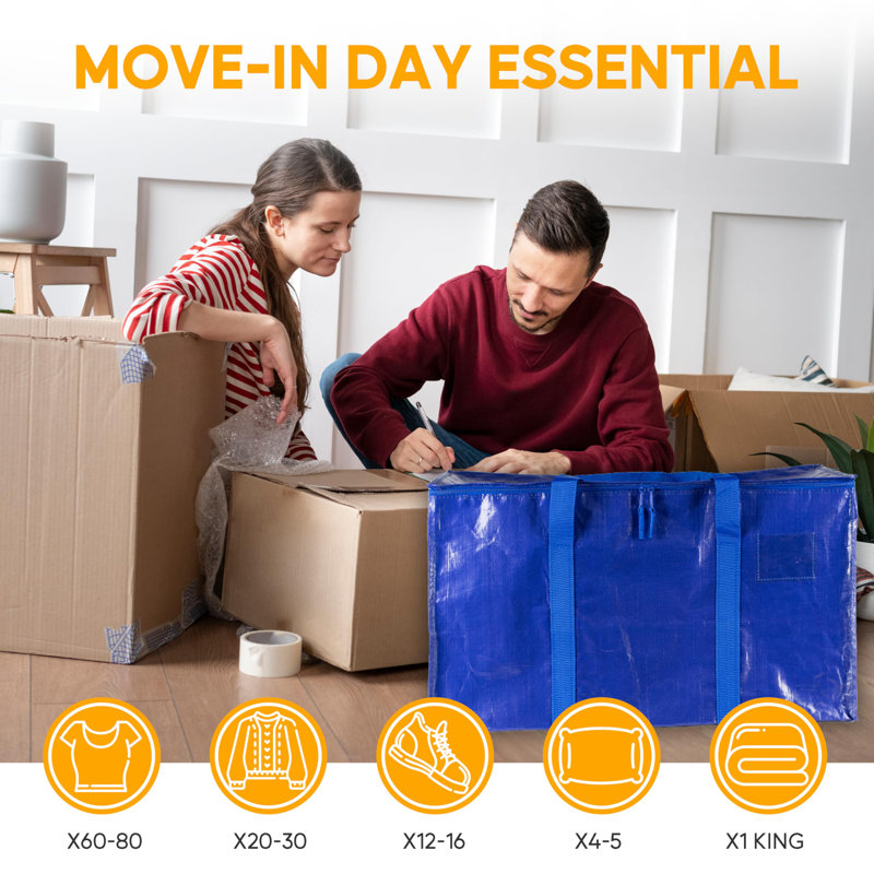 Large Moving Bags With Zippers & Handles, Moving Supplies With Lids, Heavy Duty Totes For Space Saving, 6 Pack, (Blue), Blue