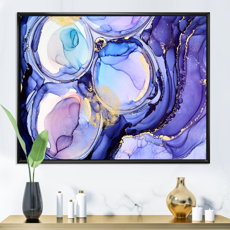 «Blue and Turquoise Luxury Abstract Fluid Art», peinture sur toile, H 16 po x l 32 po x P 1 po, Cadre flottant noir