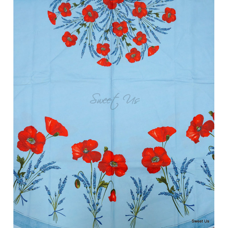 Wipeable Stain Resistant Acrylic Coated Cotton French Provencal Poppy Round Tablecloth, Blue