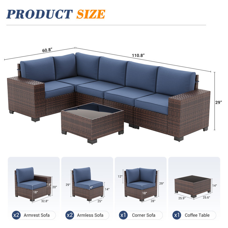 Earling 5 - Person Modular Wide Armrest Outdoor Rattan Sectional Seating Group - Thumbnail 5
