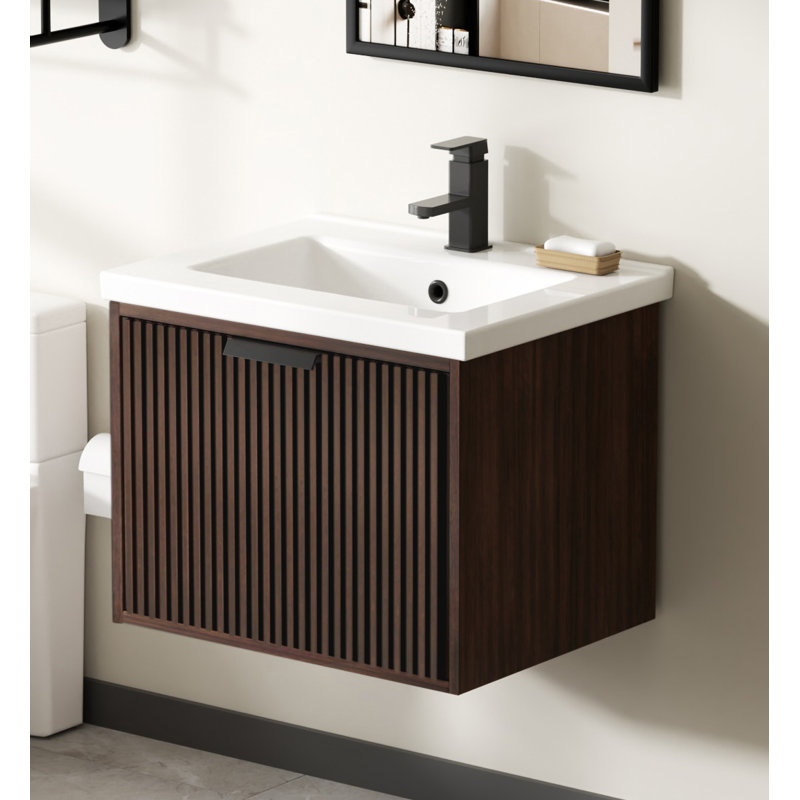 Meuble-lavabo flottant 24 po avec lavabo simple blanc Maxbano, Noyer foncé, Noir