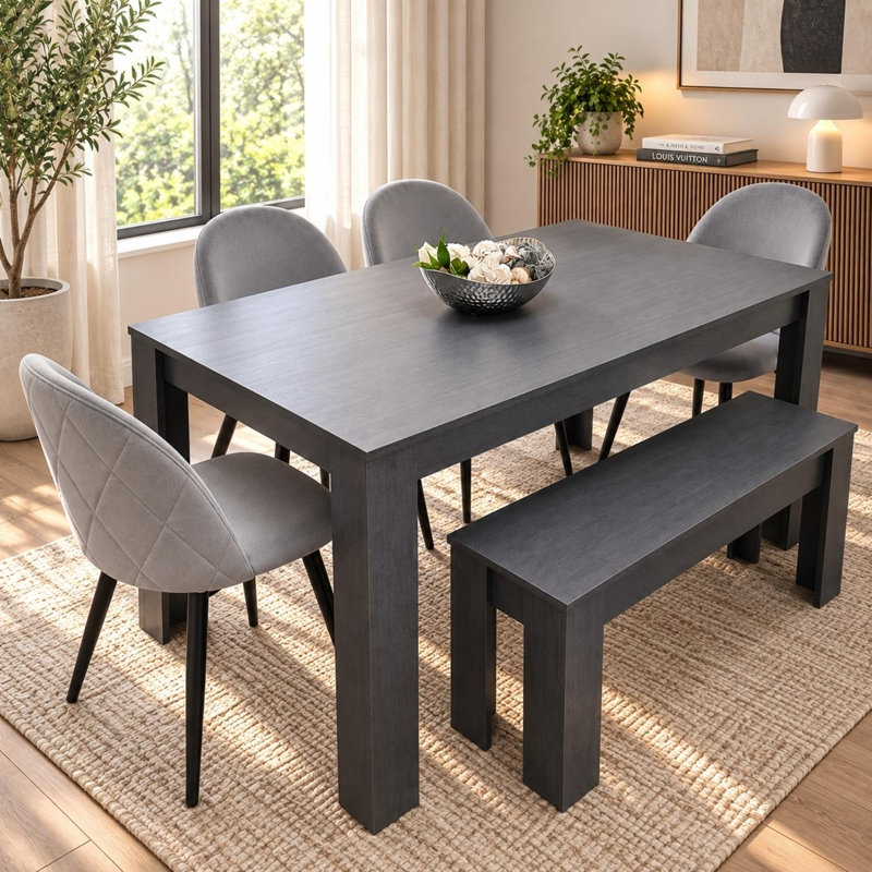  Arrow Pattern Dining Table Set with Grey Velvet Chairs & Bench, 75cm H x 80cm W x 140cm D, Dark Grey