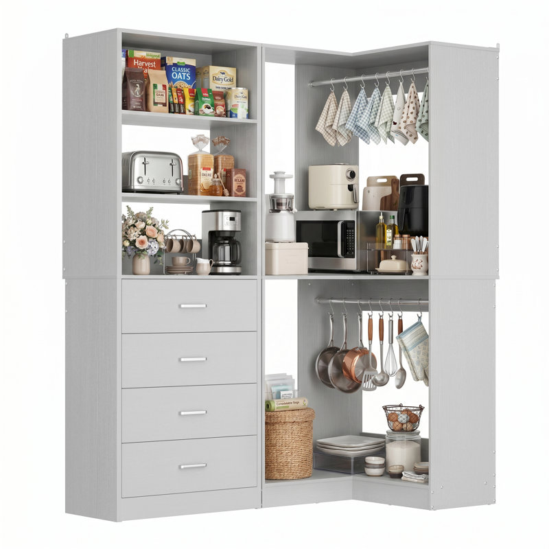 Armoire de rangement d'angle pour garde-manger de coin avec 4 tiroirs, tablettes ouvertes et tringles de suspension, système d'organisation de nourriture modulaire 2 pièces