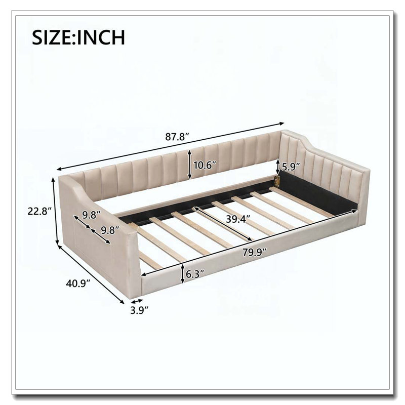 Lit de jour rembourré et poche de rangement latérale, Beige, Simple extra long