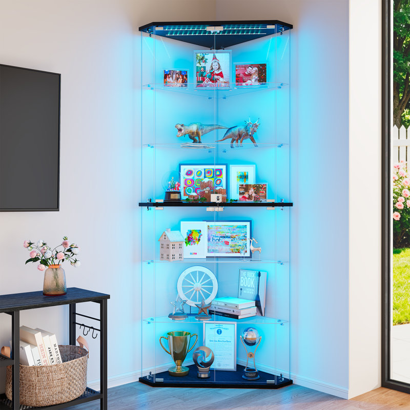 Vitrine de 71 po de haut avec lumières à capteur RVB, vitrine d'angle en verre avec serrure, Noir