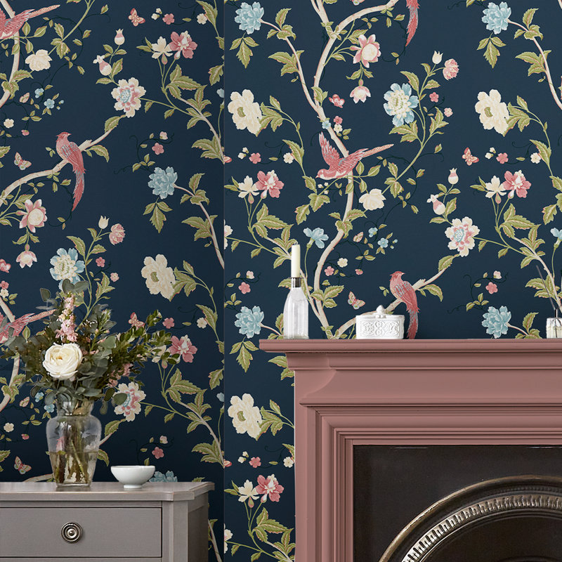 Summer Palace Sage and Apricot Removable Wallpaper, Midnight Blue