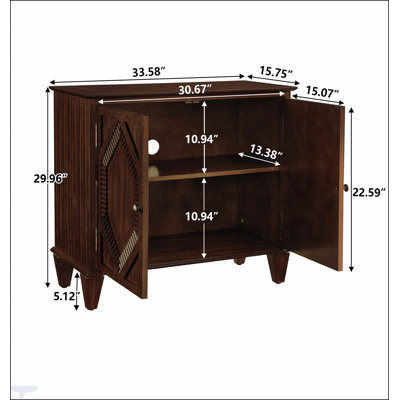 Buffet rétro en bois avec détails géométriques et beaucoup de rangement, parfait pour le salon, l'entrée, la salle à manger et la cuisine, finition noyer