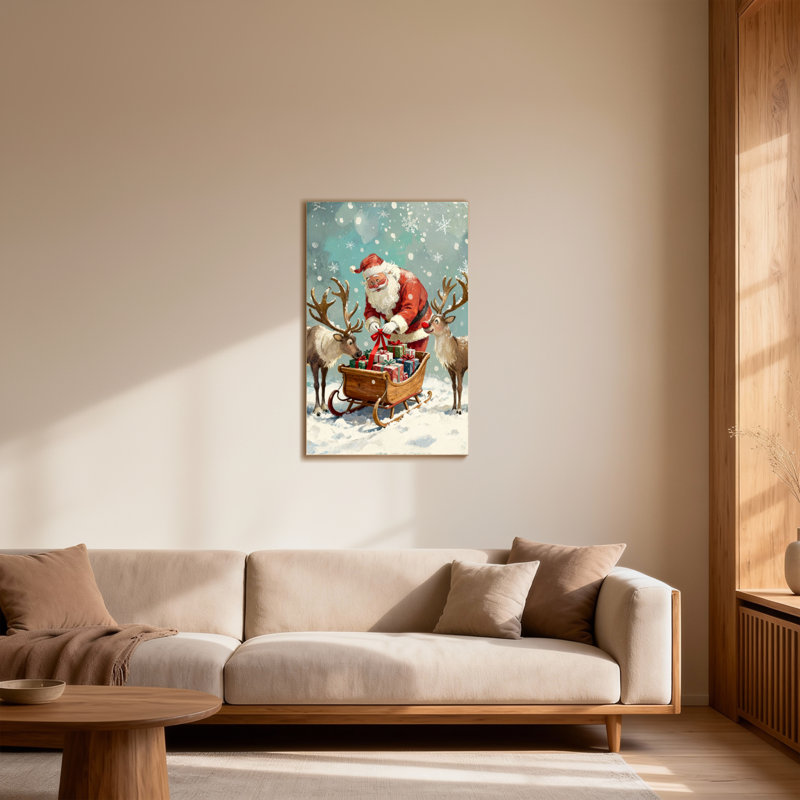 Père Noël avec renne et traîneau dans la neige, H 18 po x l 12 po