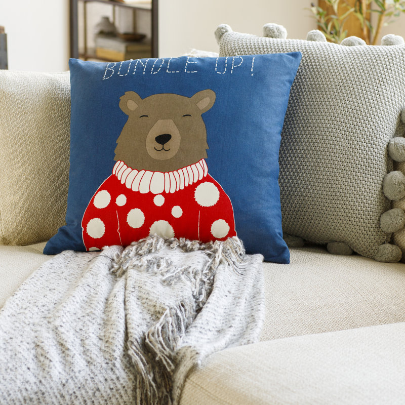 Bundle Up Bear Cotton Throw Pillow, Polyester/Polyfill, 22" x 22"