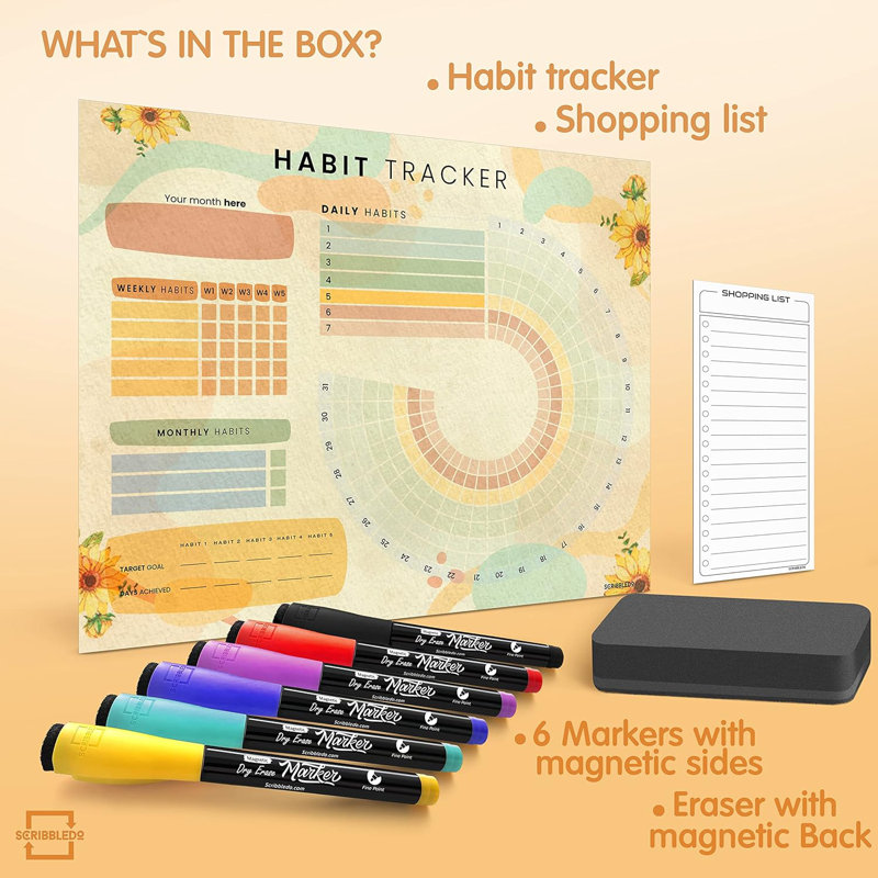 Calendrier de travail à effacer 13 po x 17 po Habit Tracker 