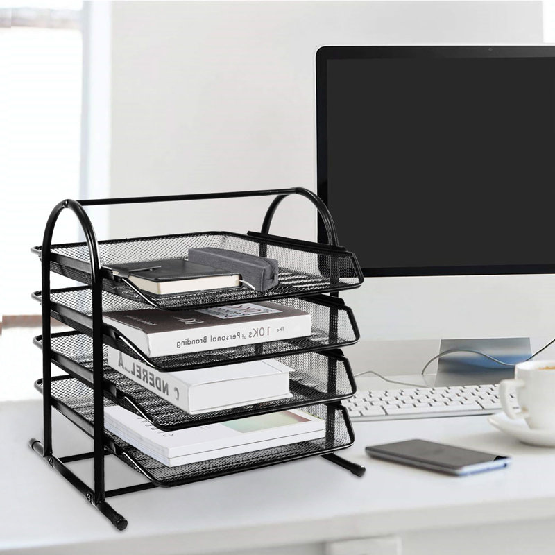 4 Tier Metal Mesh File Organizer, Sliding Tray Desktop Document Holder