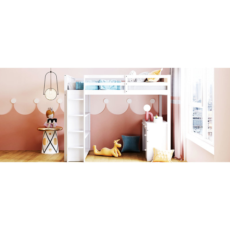 White Loft Bed With And Storage - Create A Spacious Functional Bedroom Full Size , Desk, Shelves Colour Maximize Area Pinewood Construction No Foundation Required