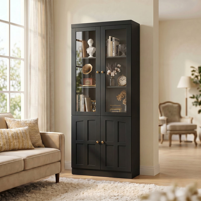 Modern Bookcase with Glass Doors and Thickened Top Panel, Black
