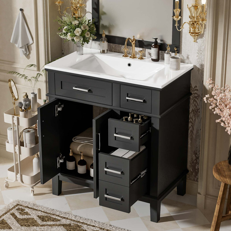 Meuble-lavabo moderne avec lavabo en céramique et rangement à fermeture en douceur, Noir