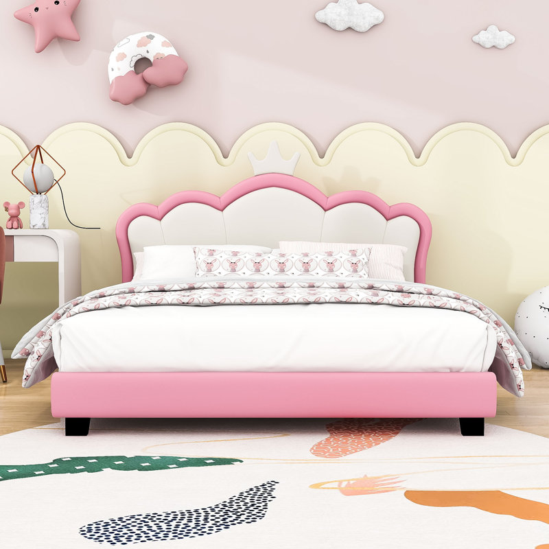 Lit plateforme tapissier Zenovea avec tête de lit couronne, Double
