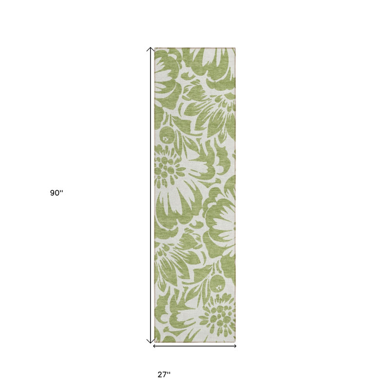 8' Runner Green and Ivory Floral Washable Non Skid Indoor Outdoor Runner Rug