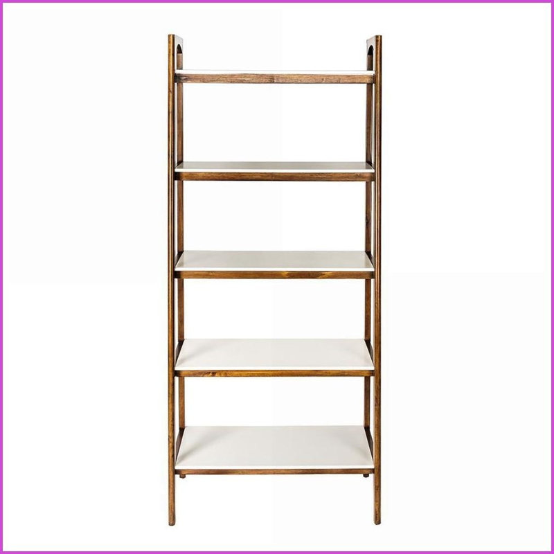 Bibliothèque Mid-Century à 5 tablettes | Blanc cassé & amp; Pacane | Cadre en bois massif