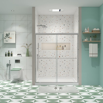Bypass Shower Door, Sliding Door, With 1/4" Tempered Glass And Polished Finish 56-60"X70"