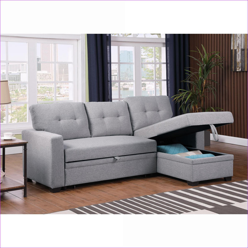 Canapé modulaire | Lit simple escamotable avec méridienne avec rangement | Pour petits invités | Gris clair | Lin