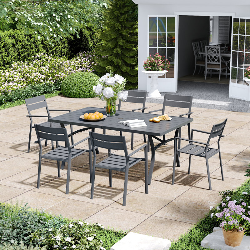 Ensemble repas d'extérieur rectangulaire pour 6 personnes avec fauteuils empilables, Gris