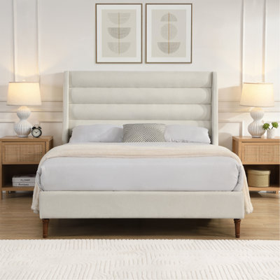 Lit plateforme tapissier avec tête de lit haute et tête de lit ondulée, tissu chenille de qualité supérieure, lit plateforme minimaliste moderne sans sommier, assemblage facile, ivoire