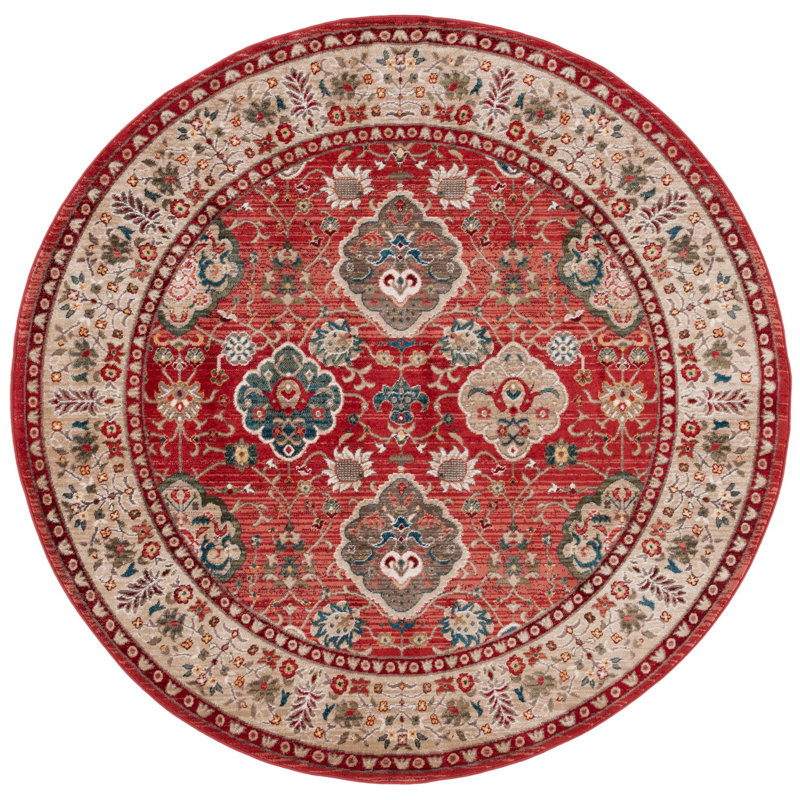 Ariel Round Red and Beige Floral Wool Area Rug