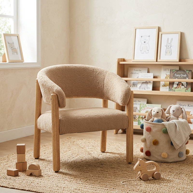 Kids' Upholstered Armchair - Plush Faux Fur Finish With Solid Wood Legs - Cozy Reading Chair For Toddlers (White, Beige, Green)