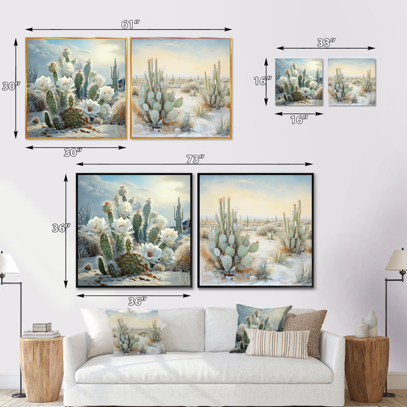 Cactus Charm In Winter - Cactus carré, ensemble de 2 collages, H 16 po x l 33 po, Cadre flottant brun