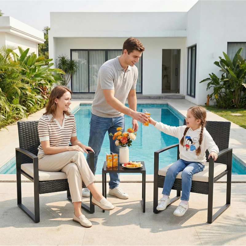 3-Piece Patio Bistro Set – PE Rattan Conversation Set with Tempered Glass Coffee Table, Outdoor Wicker Furniture for Patio, Garden, Balcony, Backyard