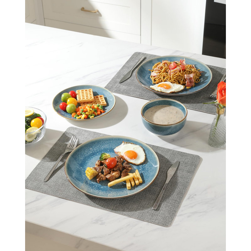 Ensemble d'assiettes et de bols en porcelaine pour la cuisine, résistant aux ébréchures et aux égratignures, ensemble de vaisselle facile à nettoyer, pile de vaisselle compacte, 24 pièces, ensembles pour 8 (bleu)