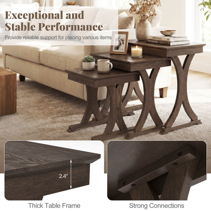 3PCS Nesting Coffee Table, Side Table with Solid Rubber Wood Legs for Living Room