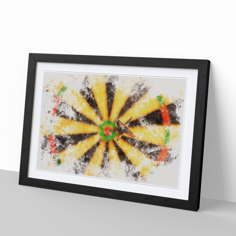Bulls Eye Dartboard Watercolour - Picture Frame Graphic Art, 65cm H x 90cm W x 2cm D, Black