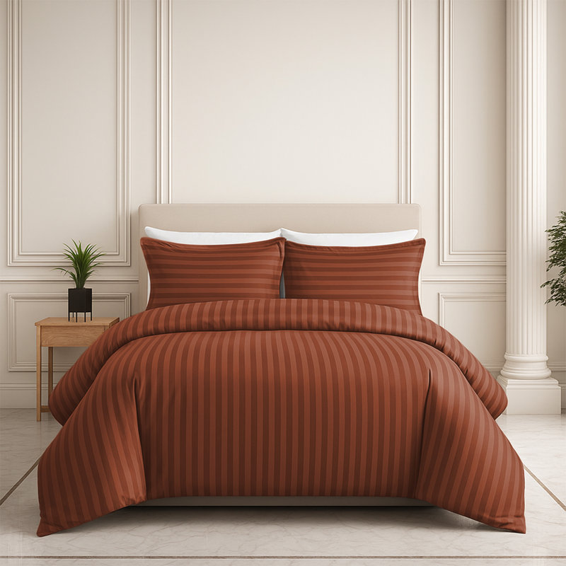 Microfiber Striped Duvet Cover Set with Pillowcases Included, Rust, Double Duvet Cover Set + 2 Pillowcases
