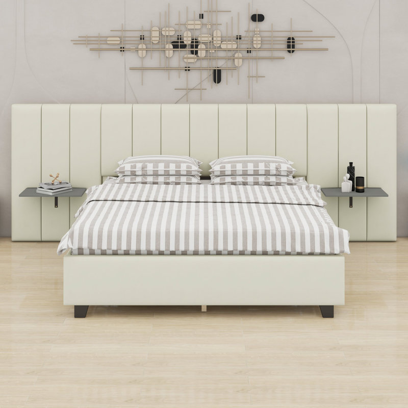 Upholstered Platform Bed with Big Headboard, Beige