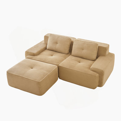 82 Inch Modern L-Shaped Modular Sectional Sofa With Corduroy Fabric, Deep Seat, Movable Ottoman, Pearl-Like Piping, Tufted Design, No Assembly, Anti-Slip Design, Camel