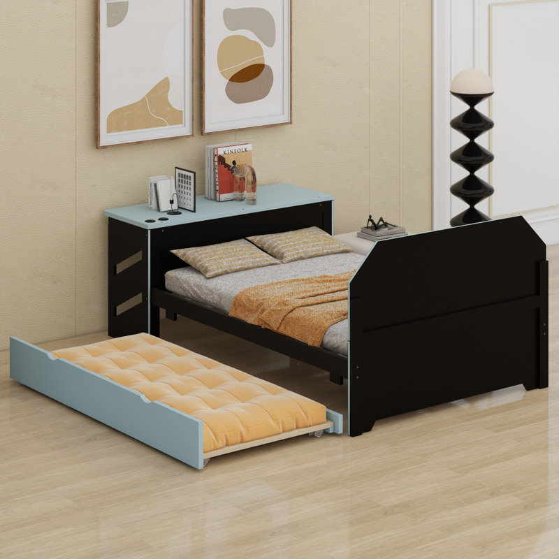 Lit de jour en bois avec couchette, bureau et port USB, Bleu nuage