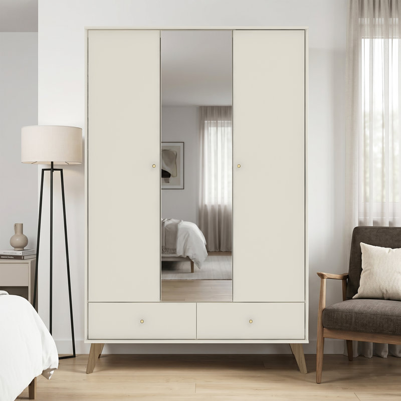 Abby 3 Door 2 Drawer Wardrobe With Mirror, Ivory