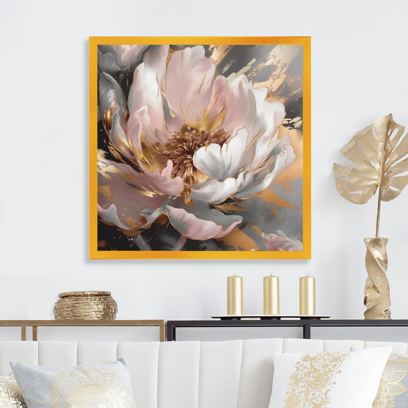 Marbre rose doré pivoine II, Encadrement doré, H 30 po x l 30 po
