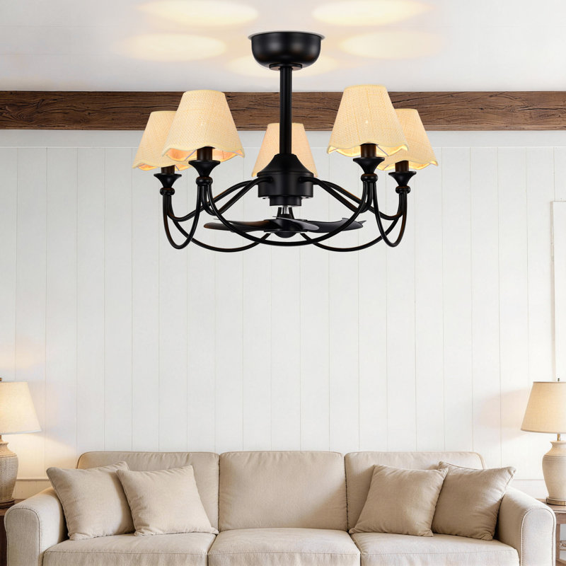 Ventilateur de plafond 28 "à 5 lumières 28" noir sable avec télécommande Beige, Peinture sable noir / beige